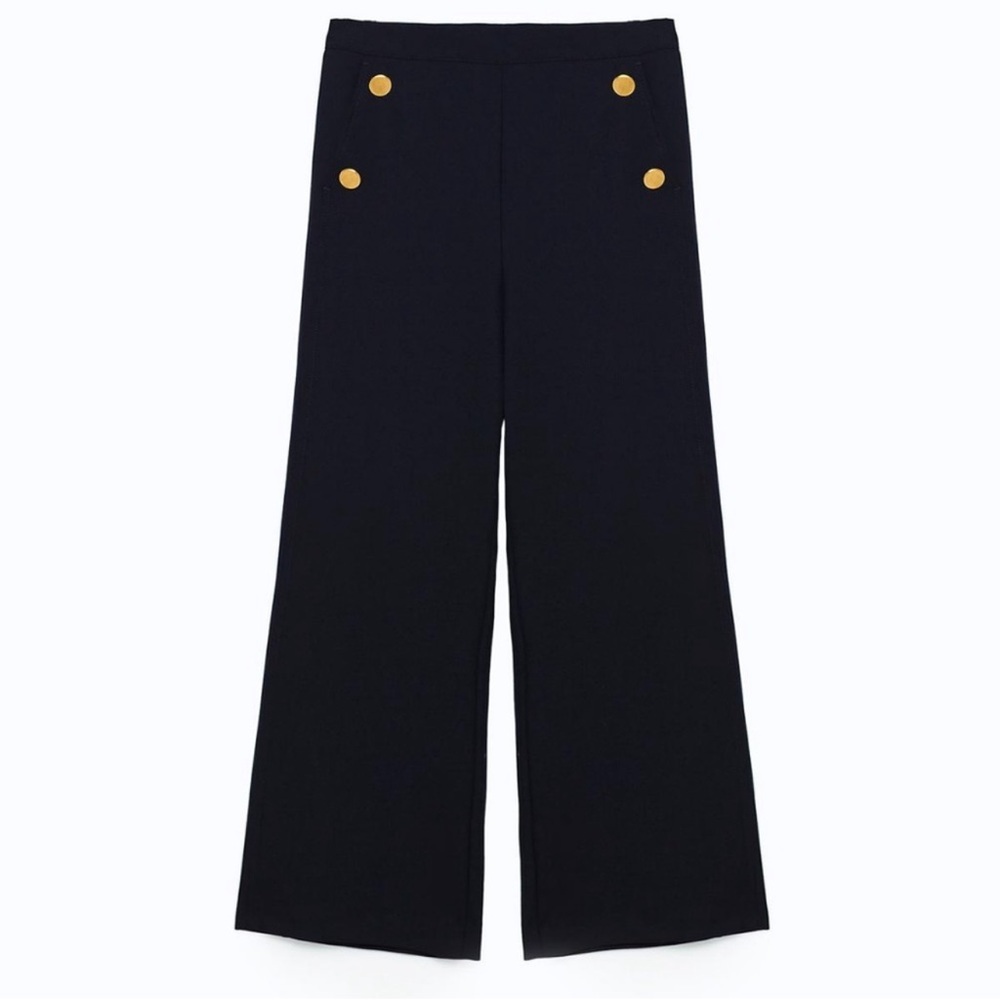 NWT Zara Wide Leg, High Rise, Cropped Navy Pants, Large